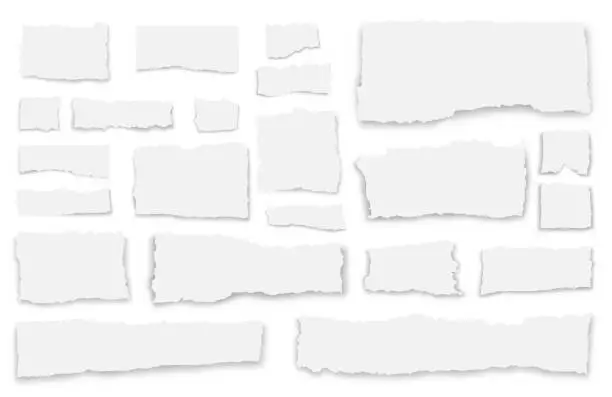 Vector illustration of Set of paper waste on a white background. Torn paper of various shapes with shadows.