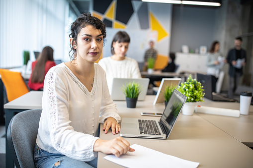 Portrait of a young female IT professional sitting at desk at office and looking at camera with her coworkers in background