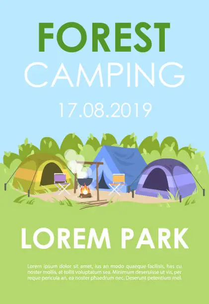 Vector illustration of Forest camping brochure template. Summer recreation flyer, booklet, leaflet concept with flat illustrations. Vector page layout for magazine. Outdoor festival advertising invitation with text space