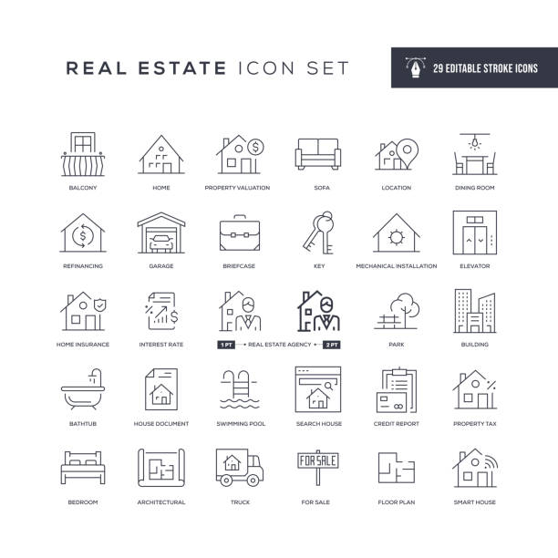 illustrations, cliparts, dessins animés et icônes de icônes de ligne d’avc editabled d’immobiliers - immobilier
