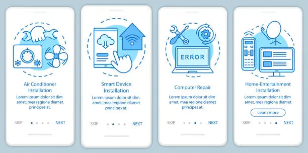 Vector illustration of Home services for electronic devices onboarding mobile app page screen with linear concepts. Four walkthrough steps graphic instructions. Computer repair. UX, UI, GUI vector template, illustrations