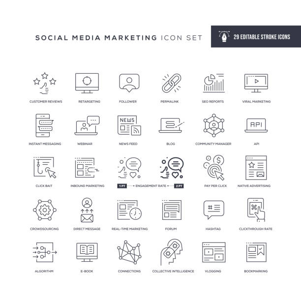 social media marketing editable stroke line icons - at symbol connection technology community stock-grafiken, -clipart, -cartoons und -symbole
