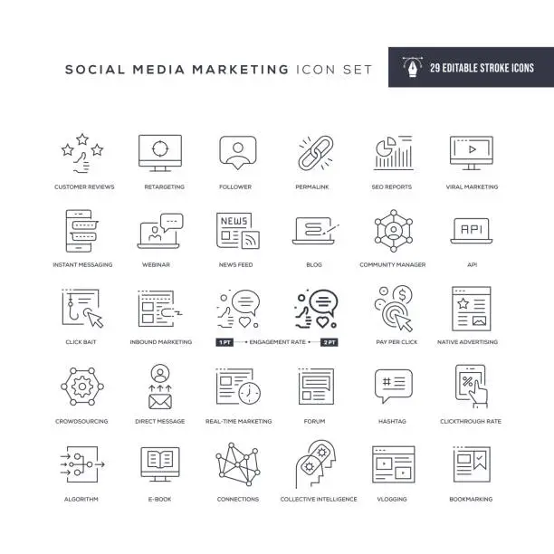 Vector illustration of Social Media Marketing Editable Stroke Line Icons