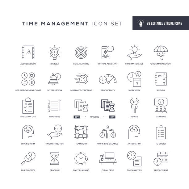 Time Management Editable Stroke Line Icons 29 Time Management Icons - Editable Stroke - Easy to edit and customize - You can easily customize the stroke with anticipation illustrations stock illustrations