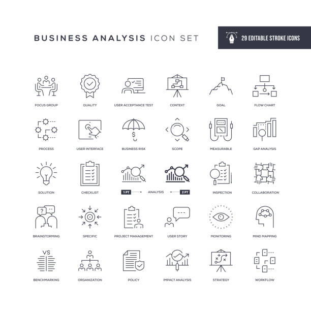 ilustrações, clipart, desenhos animados e ícones de ícones da linha de traçado editável de análise de negócios - planejamento