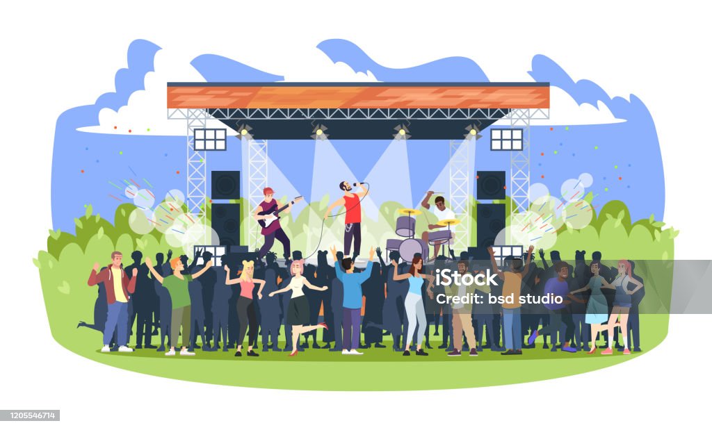 Rock music festival flat vector illustration. Open air live concert in park, camp. Summertime fun outdoor activity. Pop music summer performance. Musicians and spectators cartoon characters Music Festival stock vector