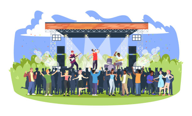 Rock music festival flat vector illustration. Open air live concert in park, camp. Summertime fun outdoor activity. Pop music summer performance. Musicians and spectators cartoon characters Rock music festival flat vector illustration. Open air live concert in park, camp. Summertime fun outdoor activity. Pop music summer performance. Musicians and spectators cartoon characters competition round stock illustrations
