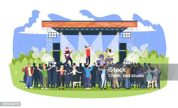 Rock Music Festival Flat Vector Illustration Open Air Live Concert In Park Camp Summertime Fun Outdoor Activity Pop Music Summer Performance Musicians And Spectators Cartoon Characters Stock Illustration - Download Image Now