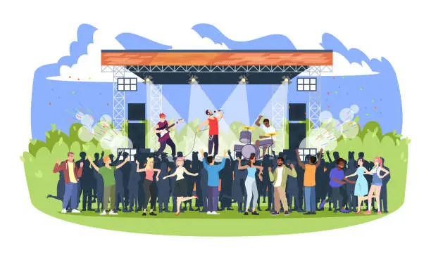 Vector illustration of Rock music festival flat vector illustration. Open air live concert in park, camp. Summertime fun outdoor activity. Pop music summer performance. Musicians and spectators cartoon characters