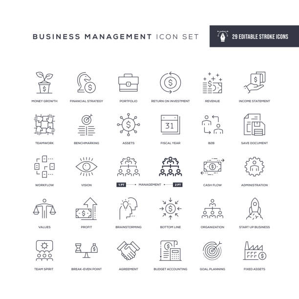 Business Management Editable Stroke Line Icons 29 Business Management Icons - Editable Stroke - Easy to edit and customize - You can easily customize the stroke with balance symbols stock illustrations