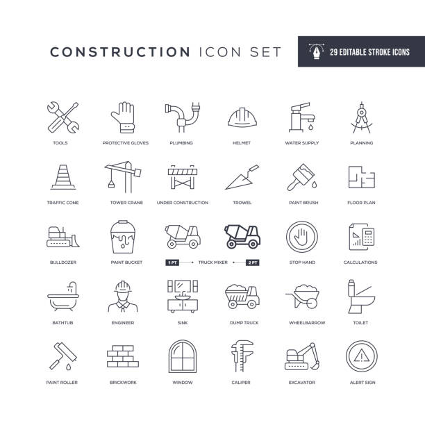 stockillustraties, clipart, cartoons en iconen met pictogrammen voor bouwbewerkbare lijn - construction