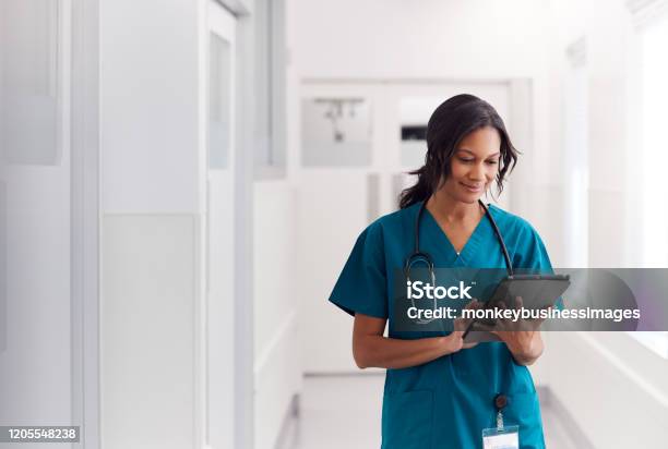 Female Doctor Wearing Scrubs In Hospital Corridor Using Digital Tablet Stock Photo - Download Image Now