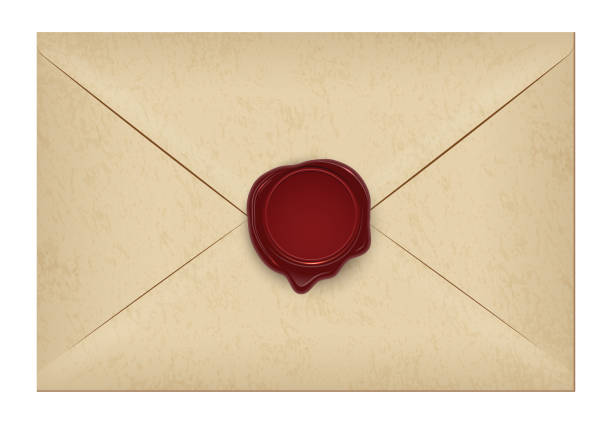 ilustrações de stock, clip art, desenhos animados e ícones de realistic closed vintage old aged letter envelop with round dark red wax seal stamp. paper parchment. ancient postage symbol collection. post object isolated on white. vector illustration. - nobility seal stamper wax confidential