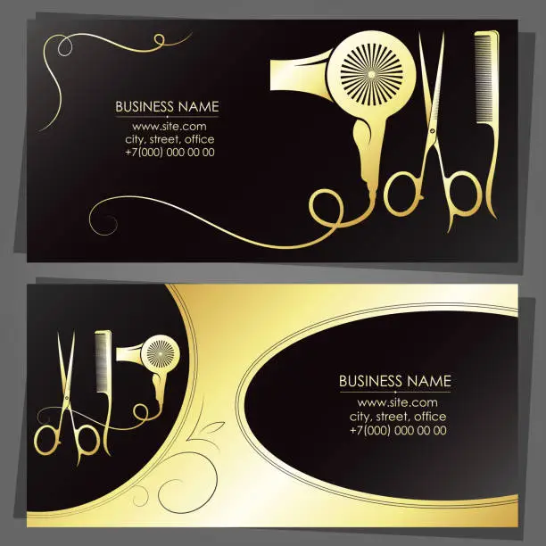 Vector illustration of Business card hairstyle scissors comb and hair dryer