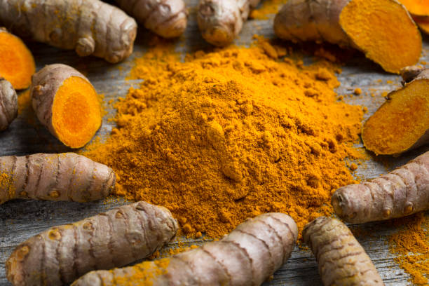 istock Curcuma longa, powder and rhizomes 1205552576