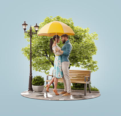 Unusual 3d illustration of a young beautiful couple in love standing under umbrella and looking at each other on rainy spring day. Romantic relationship and family concept. Valentines day