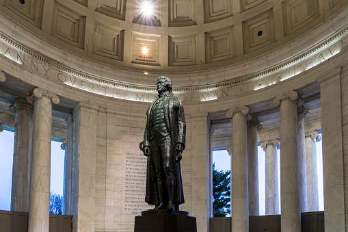 A view from inside the Jefferson Memorial of the statue of Thomas Jefferson