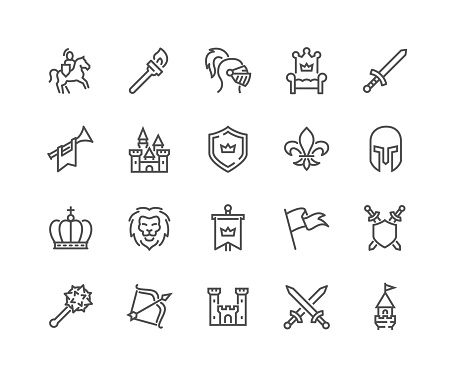 Simple Set of Medieval Related Vector Line Icons. 
Contains such Icons as Knight, Castle, Crown and more.
Editable Stroke. 48x48 Pixel Perfect.