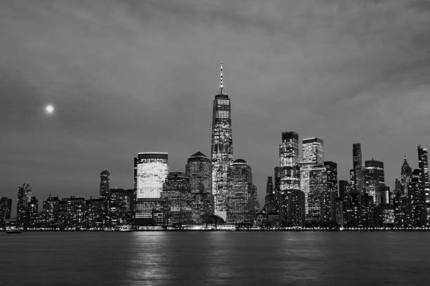 istock Black and White Lower Manhattan New York City Skyline at Night 1205555902