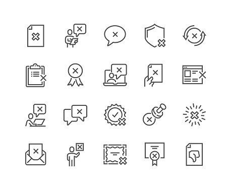 Simple Set of Reject Related Vector Line Icons. 
Contains such Icons as Refuse Stamp, Cancellation, Decline and more.
Editable Stroke. 48x48 Pixel Perfect.