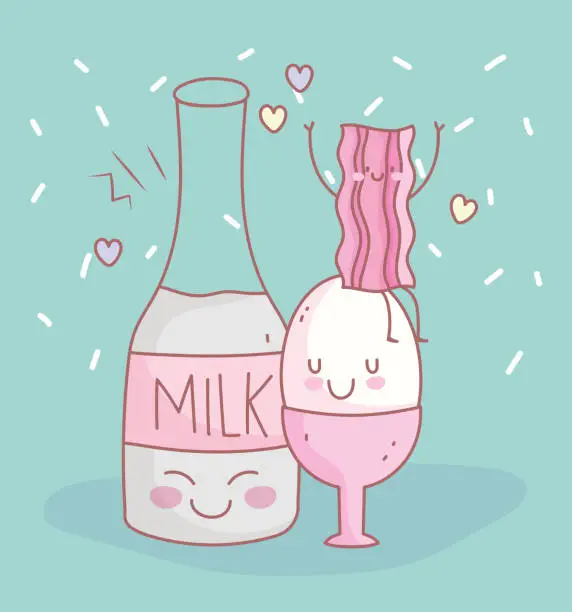 Vector illustration of milk bottle boiled egg and bacon menu restaurant food cute