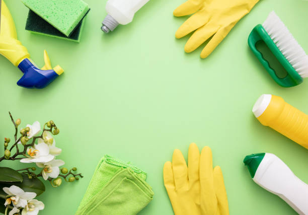 Cleaning products background, detergent bottles and tools Household cleaning eco spring background. Cleaning products flat lay, chemical detergent bottles and fresh blossoms on green color background, manual worker house work tool equipment stock pictures, royalty-free photos & images