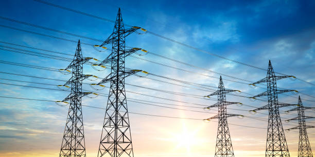 High-voltage sky background Electrical poles of high voltage in blue sky electricity pylon stock pictures, royalty-free photos & images