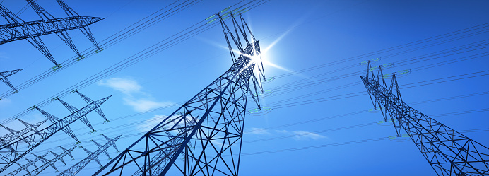 Electrical poles of high voltage in blue sky