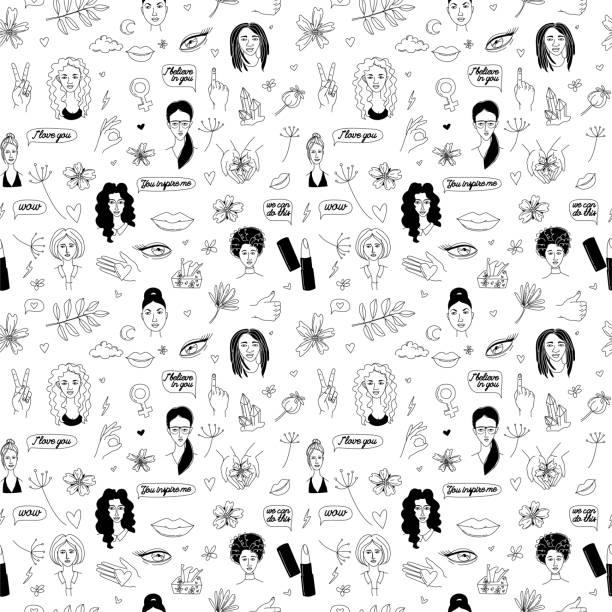 ilustraciones, imágenes clip art, dibujos animados e iconos de stock de el poder de women's international day girl y el patrón sin costuras - femininity pattern female backgrounds