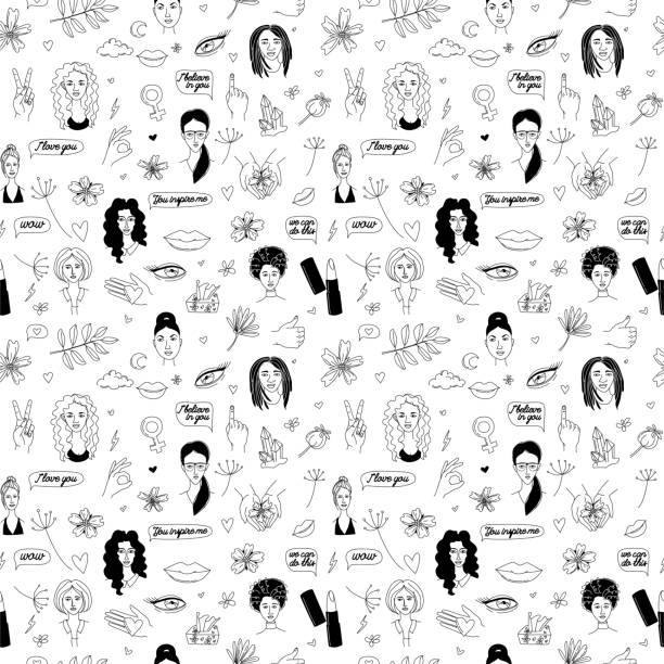 Women's International Day Girl power and support seamless pattern Women's International Day Girl power and support seamless pattern background. Vector illustration seamless pattern doodle icons in thin line art sketch style teenager doodle stock illustrations