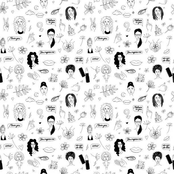 Vector illustration of Women's International Day Girl power and support seamless pattern