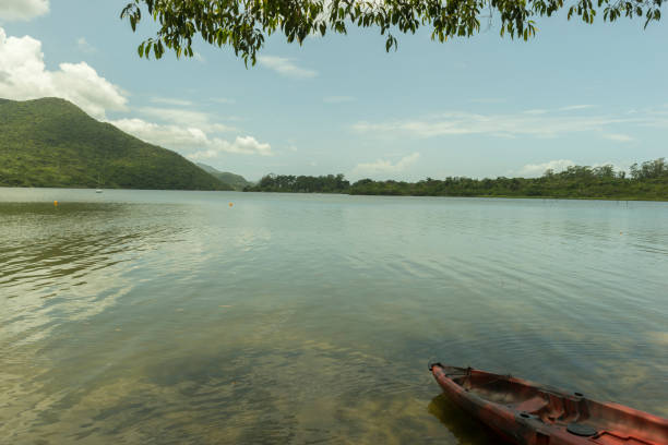 kayaking on the shore of a lagoon on a sunny day. Idyllic landscape. Concept of freedom, contact with nature and peace. Selective focus.