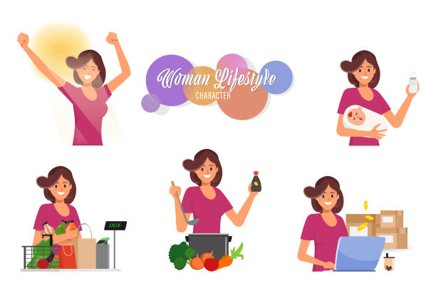 Woman in mother daily routine activity character. Housewife and working woman. vector art illustration