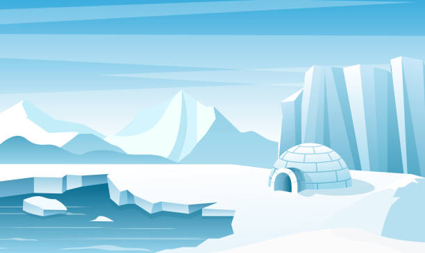 Arctic landscape with ice igloo flat vector illustration Arctic landscape with ice igloo flat vector illustration. House, hut built of snow. Ice mountains peaks. Eskimo people shelter inhabit. Big iceberg. Snowy north pole winter nature view houses in antarctica stock illustrations