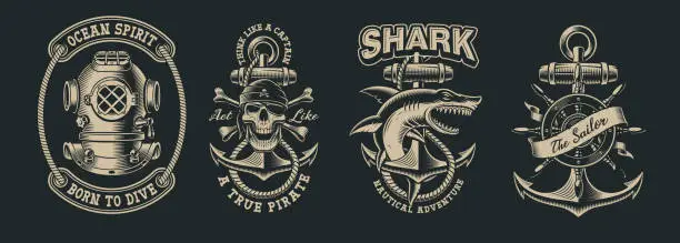 Vector illustration of Set of vintage marine illustration with skull, shark, diver helmet