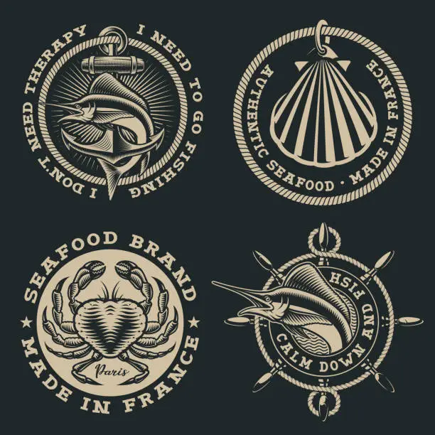 Vector illustration of Set of vintage nautical illustration on the dark background