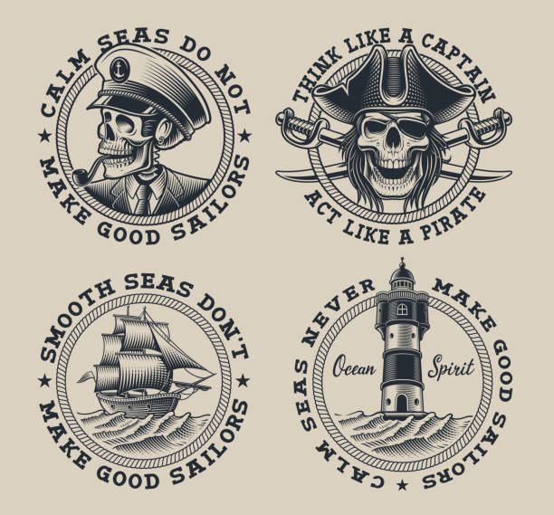 Set of vintage nautical illustration on the white background. Set of vintage nautical illustration on the white background. Perfect for the shirt designs and many other. Text is on the separate group. pirate criminal illustrations stock illustrations