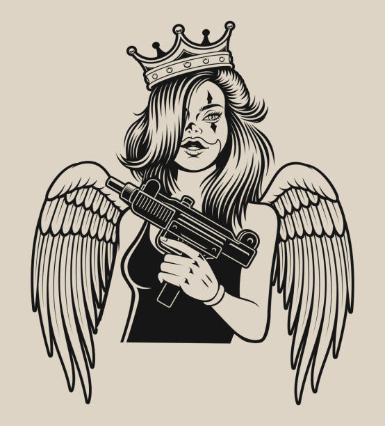 ilustraciones, imágenes clip art, dibujos animados e iconos de stock de ilustración vectorial de una chica con una pistola en tatuaje estilo chicano - tattoo gun