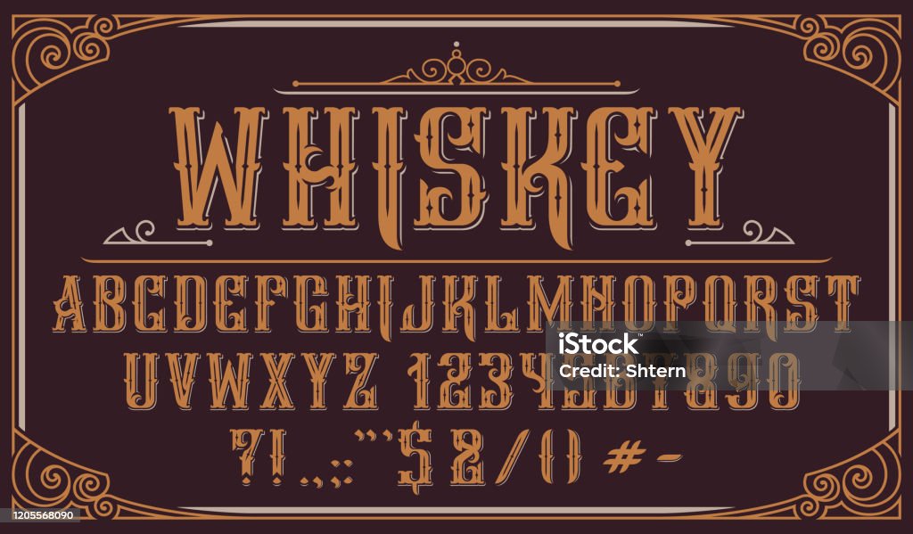 Vintage decorative typeface on dark background Vintage decorative typeface. Perfect for alcohol labels, emblems, shops,headlines, posters and many other uses. Typescript stock vector