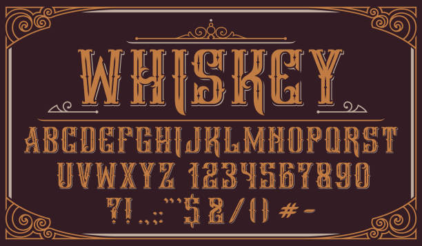 Vintage decorative typeface on dark background Vintage decorative typeface. Perfect for alcohol labels, emblems, shops,headlines, posters and many other uses. retro and vintage frames stock illustrations
