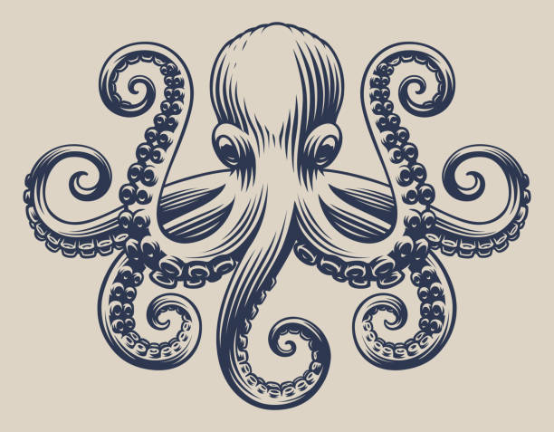 istock Vintage illustration with an octopus for seafood theme 1205568133