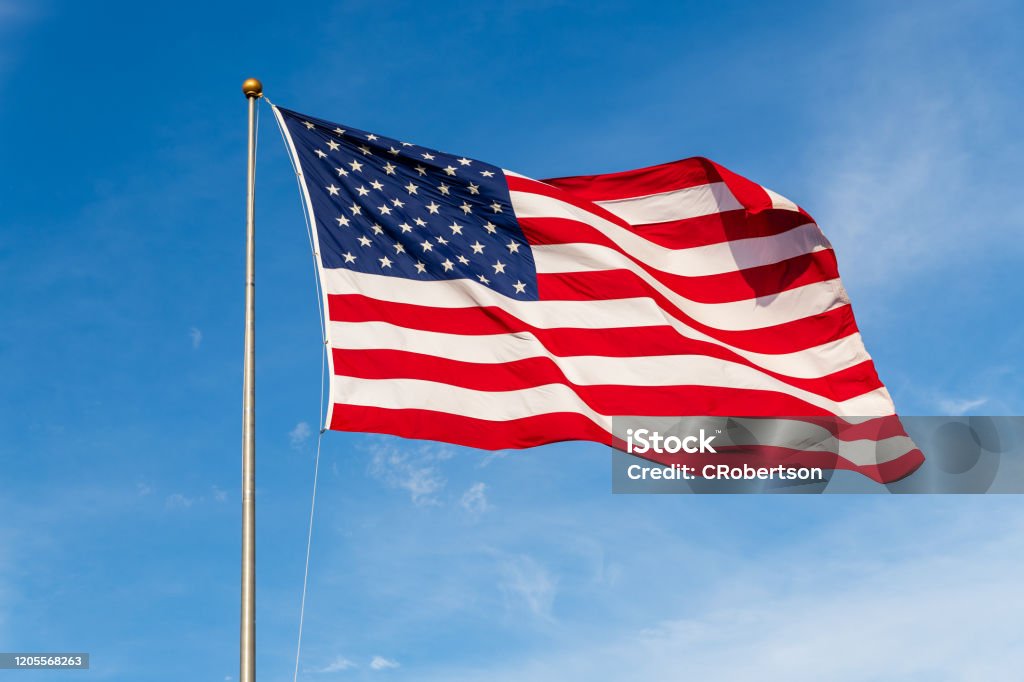 鮮豔的彩色美國國旗在風中飄揚，在自然陽光下點燃 - 免版稅美國國旗圖庫照片