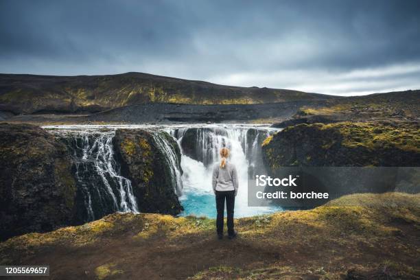 Sigoldufoss In Iceland Stock Photo - Download Image Now - Waterfall, Iceland, One Woman Only