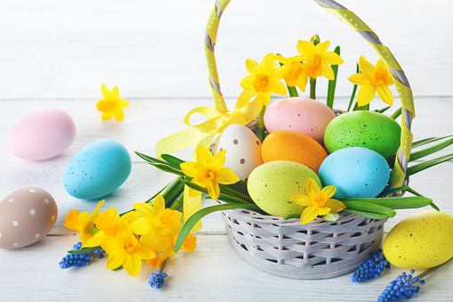 Easter eggs in basket and spring flowers on white wooden rustic table.