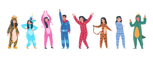illustrations, cliparts, dessins animés et icônes de personnages en pyjama. hommes et femmes de dessin animé dans différents pyjamas, super-héros et costumes d’animaux. ensemble de partie de pyjama de vecteur - cupola