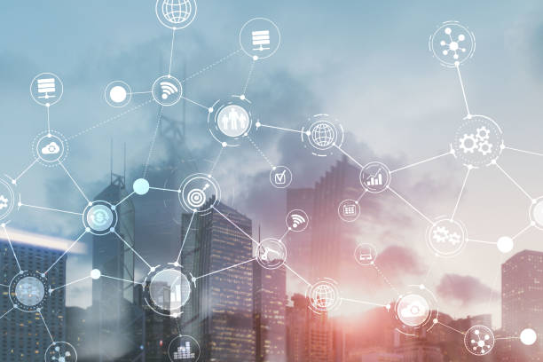 istock Smart City and Wireless Communication Network. Business District with office building. IOT modern technology concept. 1205570990