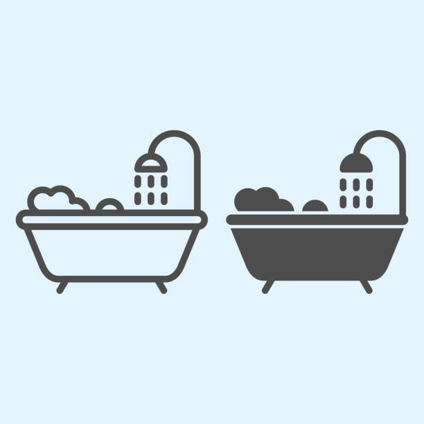 Bathtub line and solid icon. Bathroom with shower and foam. Horeca vector design concept, outline style pictogram on white background, use for web and app. Eps 10. Bathtub line and solid icon. Bathroom with shower and foam. Horeca vector design concept, outline style pictogram on white background, use for web and app. Eps 10 bathtub illustrations stock illustrations