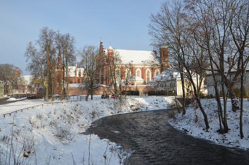 Vilnius bohemian and artistic district next to Vilnia River. Beautiful winter day in the capital of Lithuania.