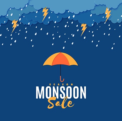 Rain thunder lightning umbrella and clouds in the paper cut style. Vector storm weather concept with falling water drops from the cloudy sky and flash. Monsoon sale storm horizontal banner