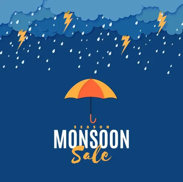 Vector illustration of Rain thunder lightning umbrella and clouds in the paper cut style. Vector storm weather concept with falling water drops from the cloudy sky and flash. Monsoon sale storm horizontal banner.